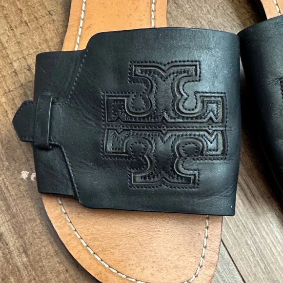 Tory Burch Black Leather Slide Sandals with Tan Footbed - Picture 13 of 13